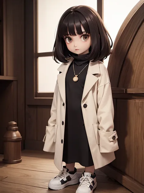 Appearance of an 8-9 year old girl(flat chest:1.5), fragile physique, whole body, height 118 cm. Thin, whitish, dry skin(pale skin:1.5). skinny, semi-long, but thin and weak black hair, constantly falling on the face. Deep set black(very dark brown) eyes, ...