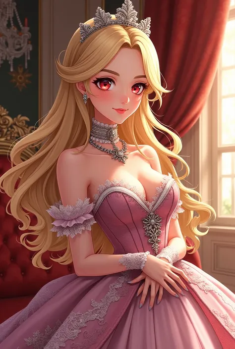 Noah is a sexy woman with blone hair, red eyes, noble woman, duchess, anime style