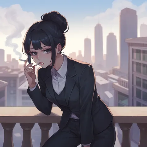 POV black haired girl smoking a cigarette on a balcony , The girl has a black suit and black pants