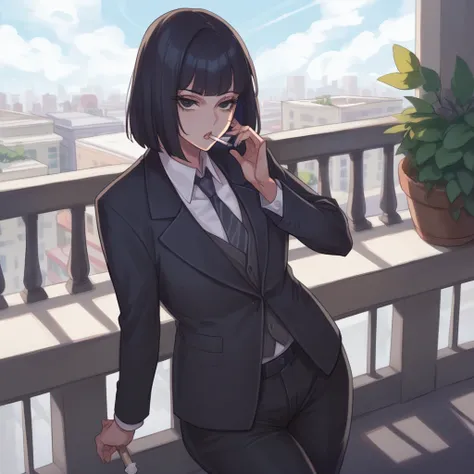 POV black haired girl smoking a cigarette on a balcony , The girl has a black suit and black pants