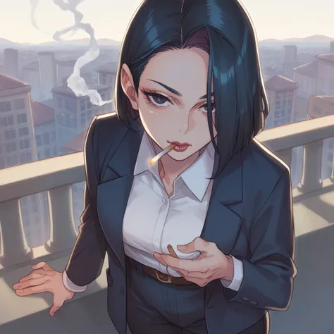 POV black haired girl smoking a cigarette on a balcony , The girl has a black suit and black pants