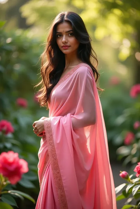 "A beautiful girl is standing in a pink saree, but she is not wearing a blouse, so her breasts are visible."