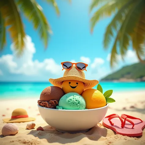 Create an image of an ice cream bowl in a tropical beach.