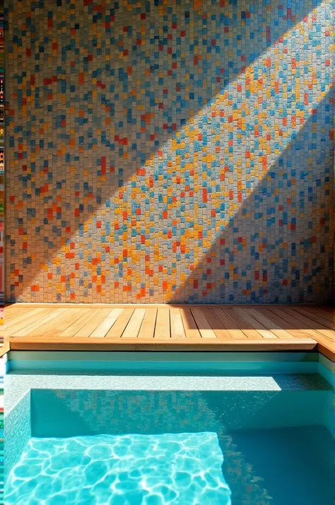 Create an image that has a wall with small squares, below that have a wooden floor and a little lower have a pool.