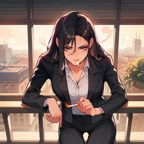 POV black haired girl smoking a cigarette on a balcony , The girl has a black suit and black pants