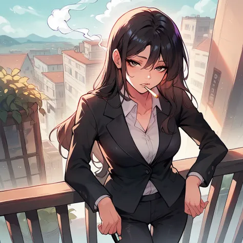 POV black haired girl smoking a cigarette on a balcony , The girl has a black suit and black pants