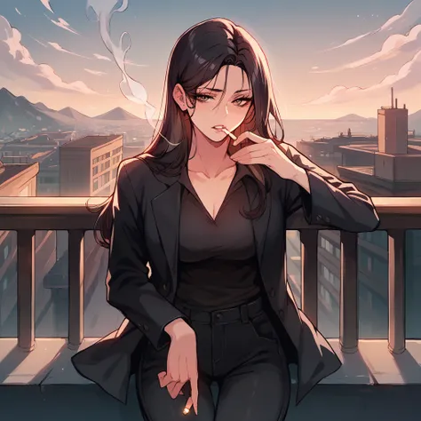 POV black haired girl smoking a cigarette on a balcony , The girl has a black suit and black pants