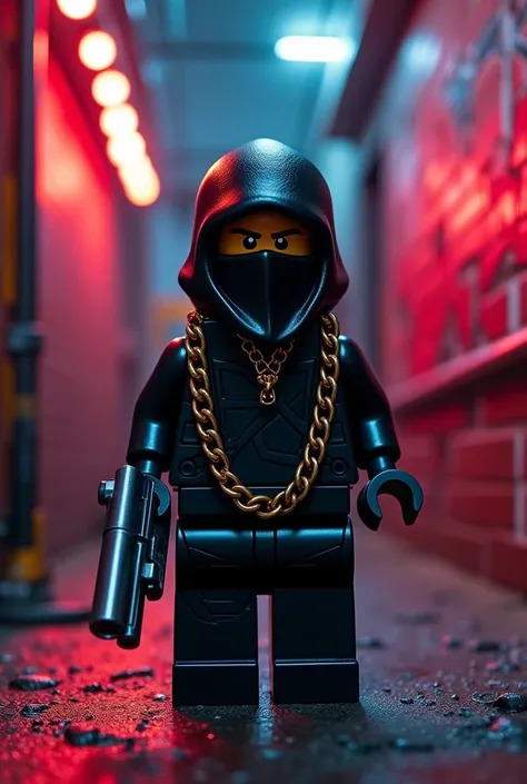 Trap album cover with a dark lego-style character wearing a ninja hood, holding a gold chain and a gun.