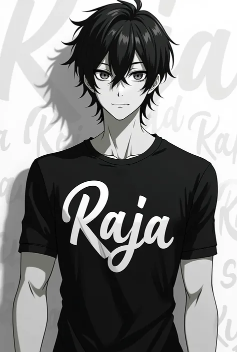 Create a cool black and white-themed profile picture of a stylish young  anime man named Raja. He has medium hair, and is wearing a shirt with branded text or logos. The shirt has a simple print design on it. The overall vibe should be trendy, bold, and su...