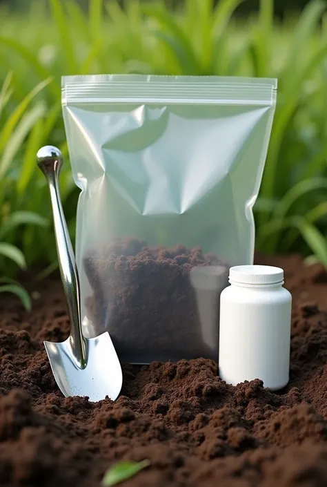 Give me the materials for taking soil analysis where a transparent plastic bag is copied, sampling shovel, white jar, 