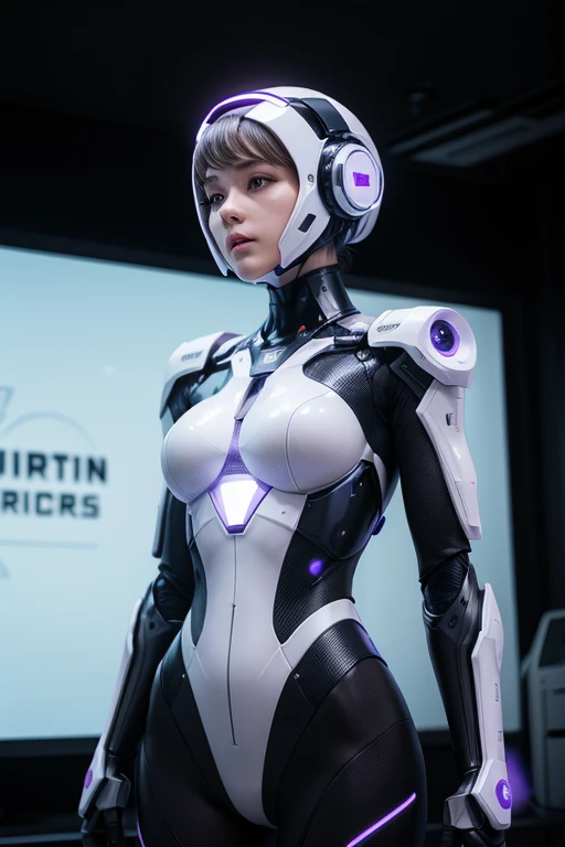 Full futuristic robot AI suit silhouette female white and violet faceless 