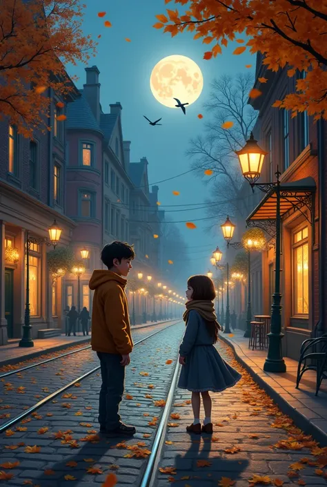 An autumn evening transitioning into night with a full moon in the sky. The scene features artistic buildings along a city street and train on track. A teenage boy and girl are standing far apart on the street looking each other. Birds are flying in the sk...