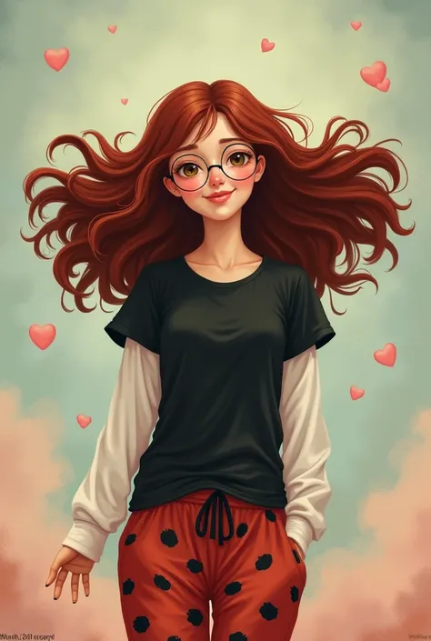 by the wide,dark red hair, has no head, has glasses, black t-shirt, white sleeves, pajama pants, red and black pants,saying hello,happy face, SHE IS A WOMAN,Only the face is visible.