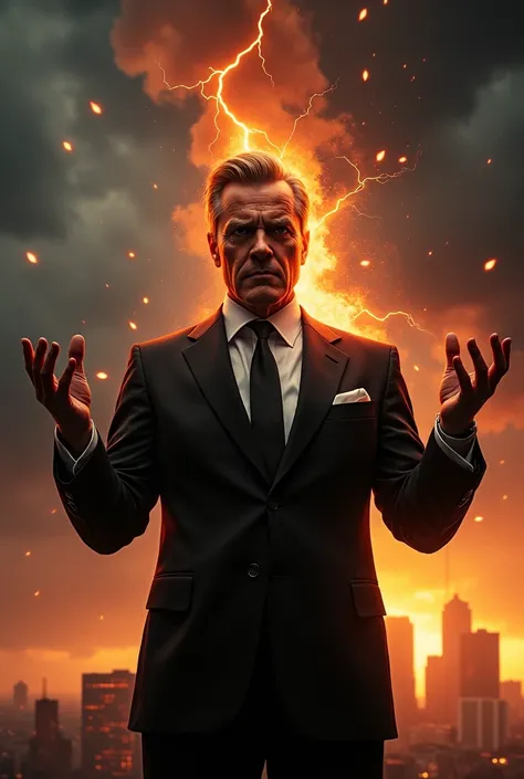 A man in a suit with a Machiavellian face making fire fall from the sky