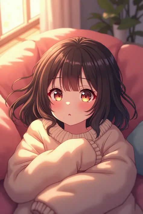 A lazy girl in an anime style, sitting on a couch, wearing a comfortable oversized sweater, looking relaxed and daydreaming, detailed face features, beautiful eyes, cute and charming expression, soft pastel colors, warm lighting, highly detailed, art by pr...