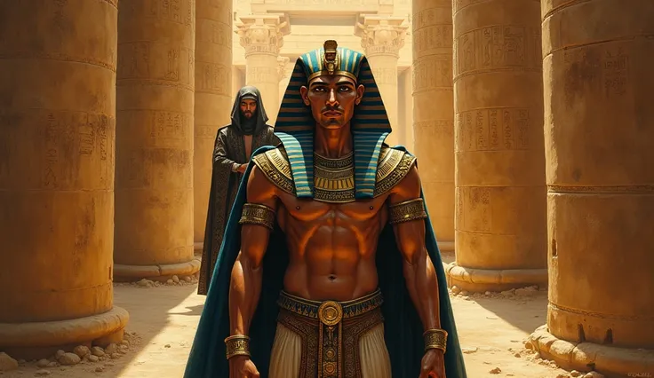 oil painting, Egyptian Pharaoh in the foreground and an Egyptian priest behind him, wearing a dark robe with ornaments and an Egyptian scepter covering his head, with a serious expression.