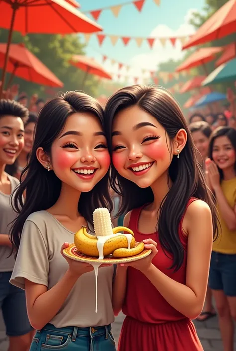 4d caricature. 16k. Details. Two Indonesian women.
standing eating a banana that has been peeled and
cOvered in milk, you can see the milk dripping. The
banana is hung on a rope. The womans expression
was amused. Several people behind him laughed.
Backgrou...