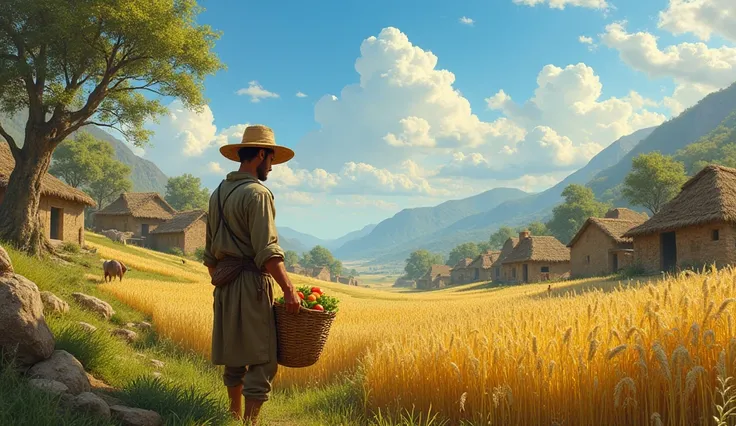 A man lives and do agriculture business in his own village at ancient times 