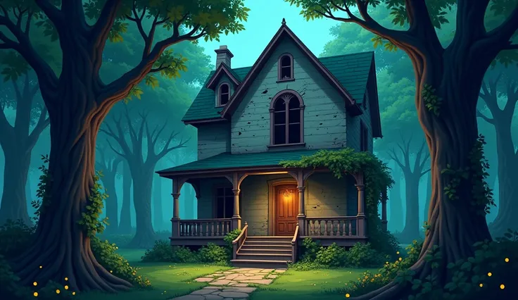 An old, abandoned house stands in the middle of a dense forest. The house looks eerie with peeling paint, ( animasi, cartoon, light effect, lighting is smooth, in 3d animation )