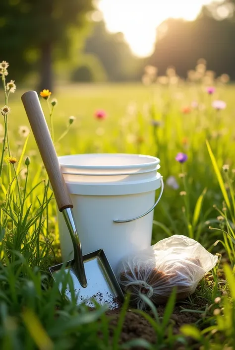 Give me the materials for taking soil analysis where a transparent plastic bag without closure is copied, big white bucket, long sampling shovel or sampling auger that is thrown onto the grass of a sampling meadow 