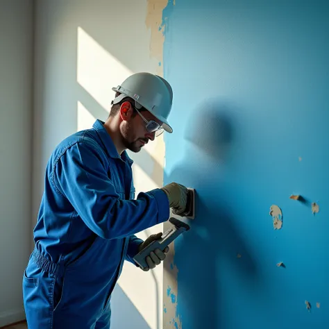 Imagine a realistic scene in 8K, showing a painter at work, using sandpaper to prepare the surface of a wall before painting it. The painter is focused on the task, moving the sandpaper carefully over the wall. He wears work clothes that include PPE., all ...