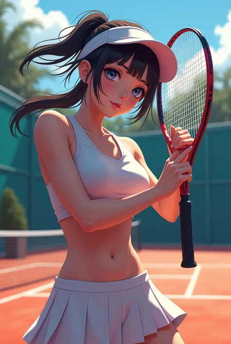 a beautiful tennis player woman, anime style, extremely detailed face and eyes, long eyelashes, flowing hair, dynamic tennis player pose, tennis racket, tennis court background, vibrant colors, cinematic lighting, (best quality,4k,8k,highres,masterpiece:1....