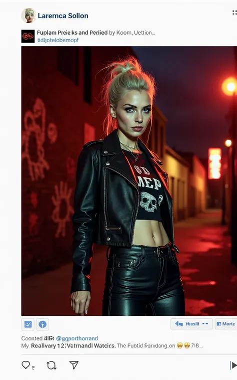 Old russian milf, platinum blonde hair in top bun ,with very light blue eyes, pale, smeared heavy makeup. Wearing black moto jacket, cropped rock t-shirt, black leather jeans and white tennis sneakers. Scared