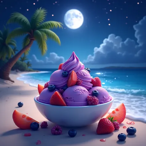 Create an image of an purple ice cream inside a bowl in a tropical beach. night.