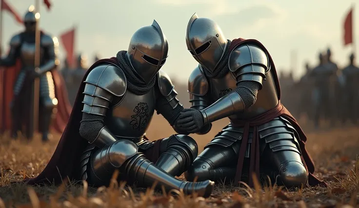 A highly realistic, high-contrast, 8K HD, detailed, hyper-detailed image of two medieval knights on the battlefield. One knight, clad in steel armor with a lion emblem on his tunic and helmet fully covering his face, is sitting on the ground, exhausted fro...