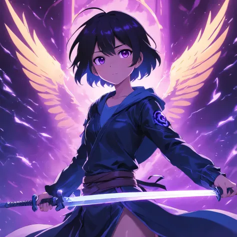 Create a 2D anime style image 2D anime style animation:A long sword with a 6-centimeter long blade as black as night, reflecting only a purple light that runs along its edges. The cursed purple lines glow brightly when the sword is wielded, as if the darkn...