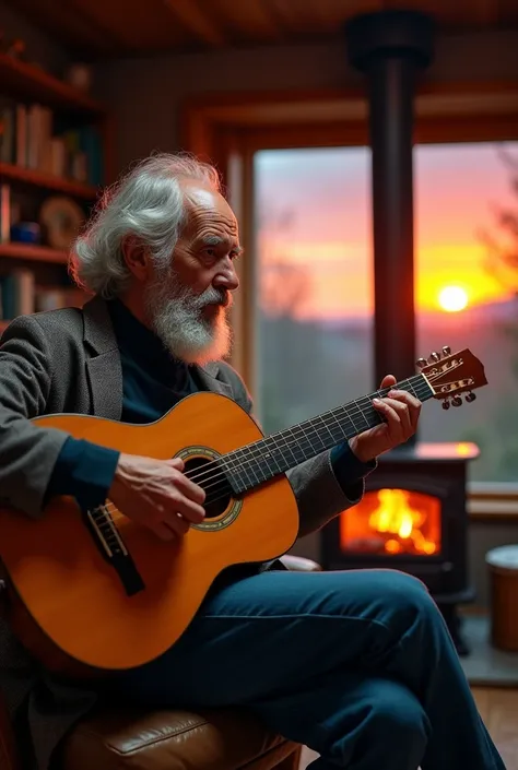 A 70-year-old man with gray hair and beard playing a guitar in front of a wood-burning stove and a window showing a beautiful sunset.