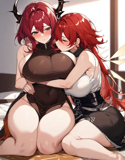 2women,Surtr(Arknights),Exusiai(Arknights),red hair,curvy body,wearing Muslim clothes(Surtr),big breast,big thighs,nsfw,bedroom, hugging, kissing passionately,red hair, wearing Muslim dress(Exusiai),sitting on a prayer mat,crying,nsfw