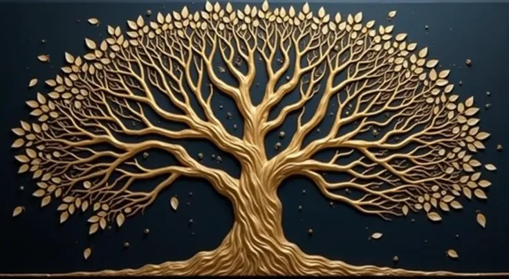 a tree with a black background and a golden tree, 3D metallic leaves, autumn season, leaves falling, golden sacred tree, the tree of Life, tree of Life, cosmic tree of life, ancient tree, Fantasy Tree, rich tree, highly detailed fine art, complex organic p...