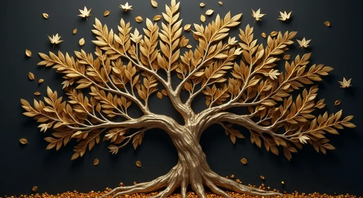 a tree with a black background and a golden tree, 3D metallic leaves, autumn season, leaves falling, golden sacred tree, the tree of Life, tree of Life, cosmic tree of life, ancient tree, Fantasy Tree, rich tree, highly detailed fine art, complex organic p...