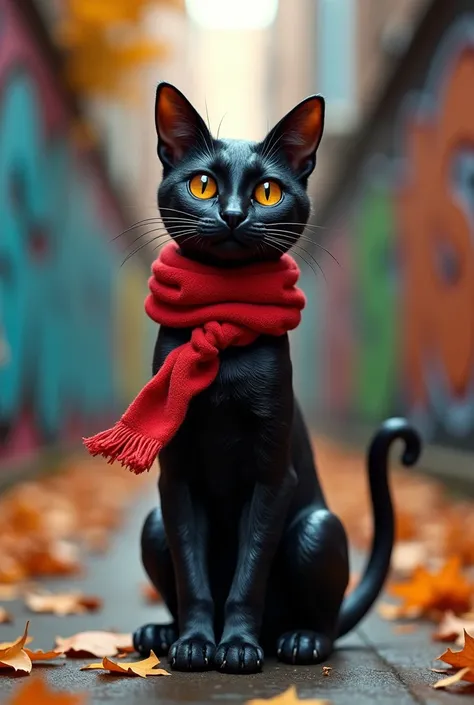 An action figure of a black cat covered in scratches and wearing a red scarf and a confident face.