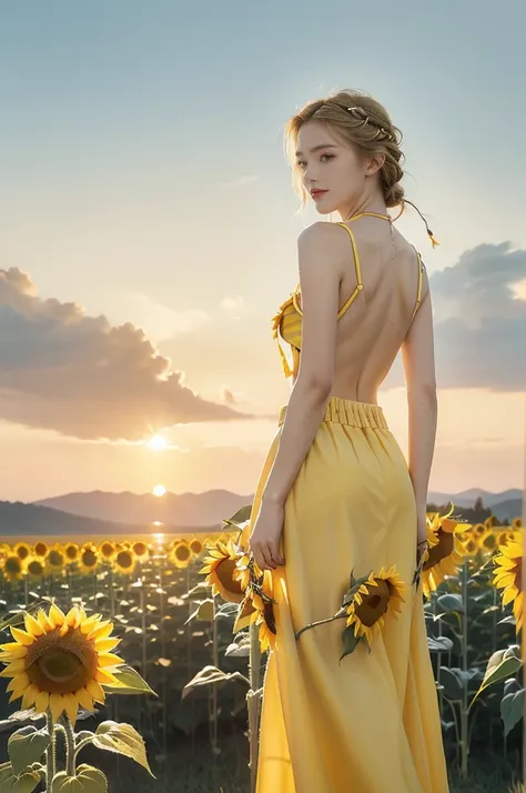 (((best quality))), (((ultra detailed))), (((masterpiece))), illustration,((a beautiful Ukrainian girl,solo)),((slim,thin)),((bare back,towering hips,butt crack)),(standing amidst a field of sunflowers:1.3),(short blonde braid hair:1.3), (((vibrant blue sh...