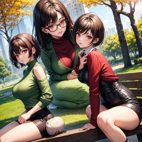 Woman with short brown hair, Red eyes, long green sweater, short chocolate, socks, nice legs, big butt, big breasts, sitting in the park. 