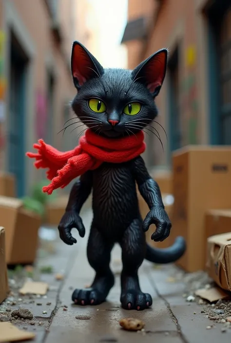 An action figure of a black cat covered in scratches and wearing a red scarf and a confident face.
