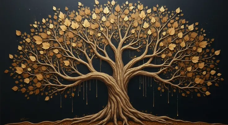 a tree with a black background and a sturdy tree, 3D metallic leaves, autumn season, leaves falling, golden sacred tree, the tree of life, cosmic tree of life, ancient tree, Fantasy Tree, rich tree, highly detailed fine art, complex organic painting, highl...