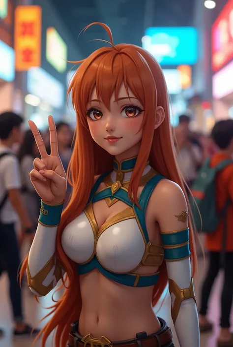 A 20-year-old girl from Indonesia with narrow eyes, tanned skin, and a little makeup is cosplaying as Asuna Yuuki and striking a peace sign pose at an Anime event in one of the malls in Indonesia. 