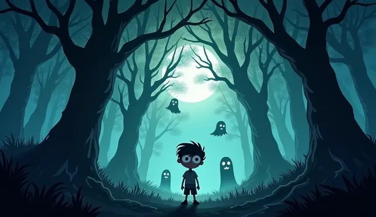 Around him, the forest is dark and menacing, with shadows seemingly moving among the trees.
 ( animasi, cartoon, light effect, lighting is smooth, in 3d animation )