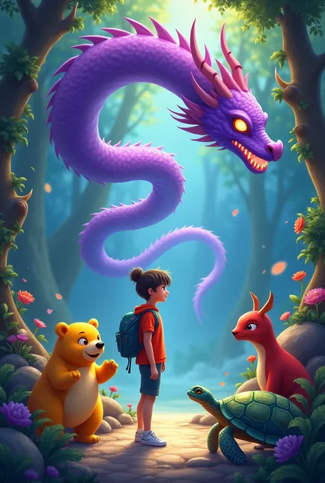 A teenager who is surrounded by a purple Chinese dragon, a yellow bear, a Celeste sea turtle and a red oñi