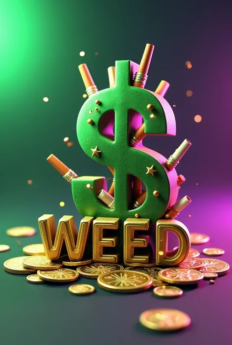 Create a 3d image of airdrop called Weed on solana,with   
Dollar sign,coins, medium size weed cigarettes and show the name of the airdrop on the photo