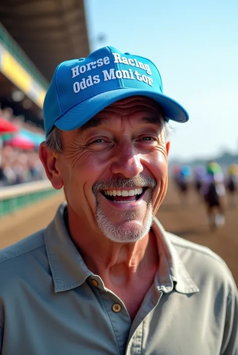 A grinning man wearing a cap that reads Horse Racing Odds Monitor