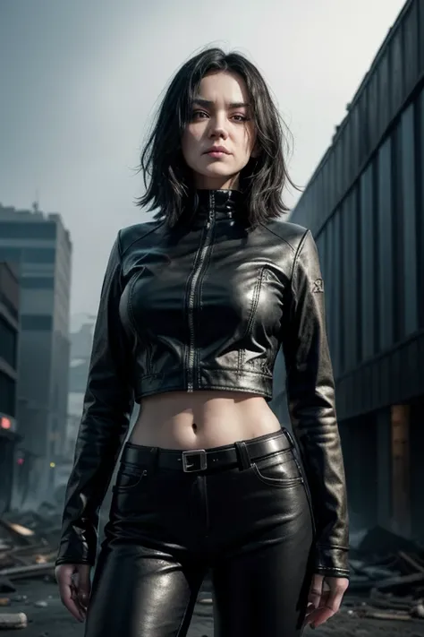 Woman, Middle Aged, Defiant Look, Black Hair, Black Tight Leather Clothing, Apocalyptic Background, Epic, Realistic, Neon