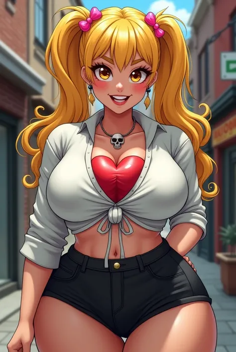 hentai, seductive,Porn hentai of a woman with her heart coming out of her chest like a cartoon NSFW  huge heart beating between breats more bigger huge heart beat(kirome), (gigantic breasts:1.2), (((white shirt, short sleeves, white knotted shirt))), (blon...