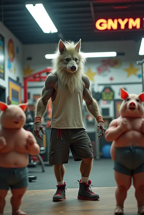 Skinny old big bad wolf with white beard in a gym training three fat pigs