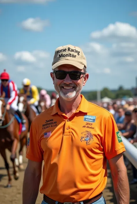 A grinning man wearing a cap that reads horse racing monitor