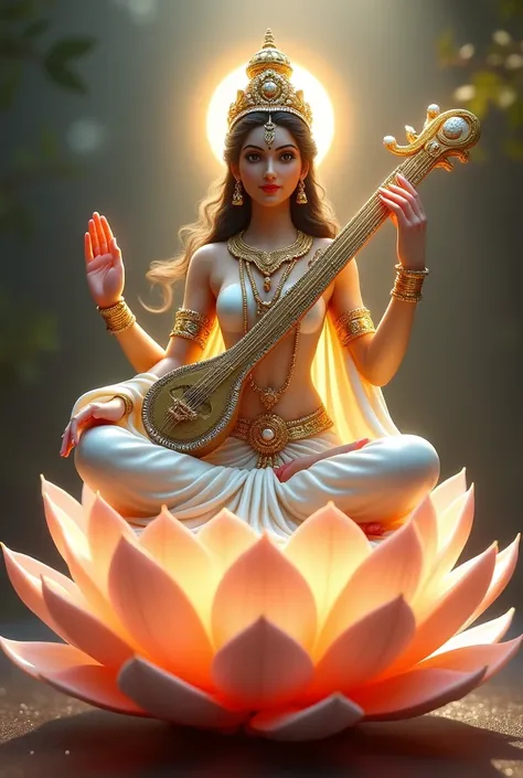 Goddess Saraswati  mataji(wearing white clothes, holding a Veena in her hand, a crown on her head, sitting on a lotus flower, giving Asirvad from her right hand, bright light emanating from her body)