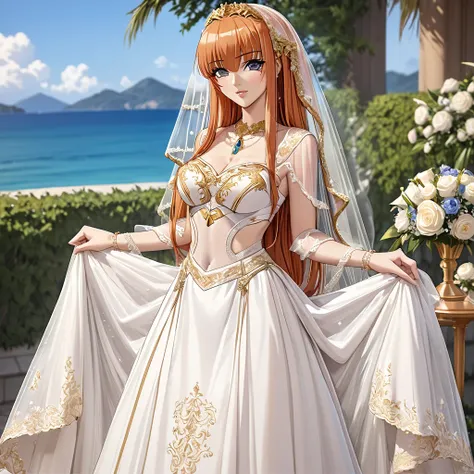 ((Highest quality)), ((masterpiece)), (detailed), （Perfect Face）、The woman is Maya Cordelia, with medium-long orange hair, wearing a vintage wedding dress with gorgeous gold embroidery and trim, a wedding veil, and gorgeous accessories.